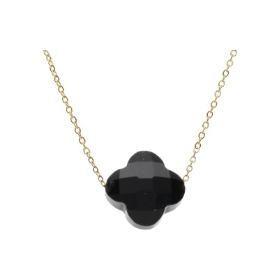 Collier acier pvd doré trèfle pierre imitation faceté noire 40+5cm