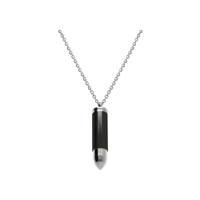 Collier acier pendentif balle de fusil porte poudre 10 x 42mm pvd noir 55+5cm