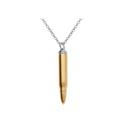 Collier acier pendentif acier doré jaune balle de fusil porte poudre 7 x 43mm 55+5cm
