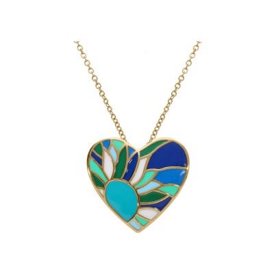 Collier acier doré stella mia coeur résine bleu vert 45+10cm