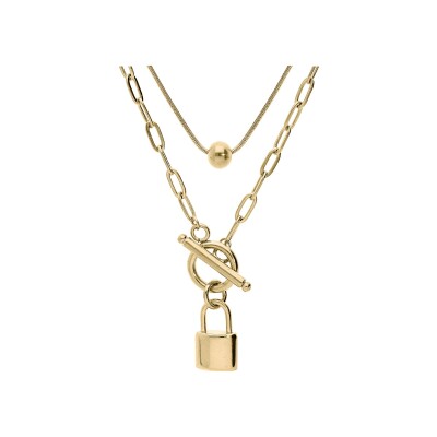 Collier acier et pvd doré double rang avec boule et pendentif cadenas 44cm