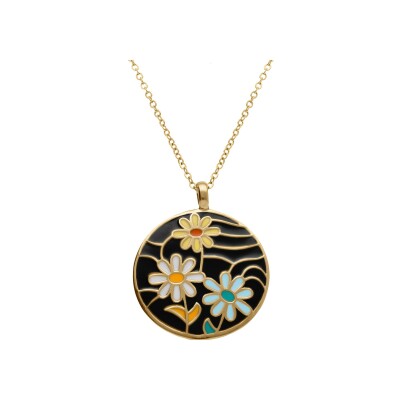 Collier acier doré jaune stella mia rond fleur fond résine noire 45+10cm