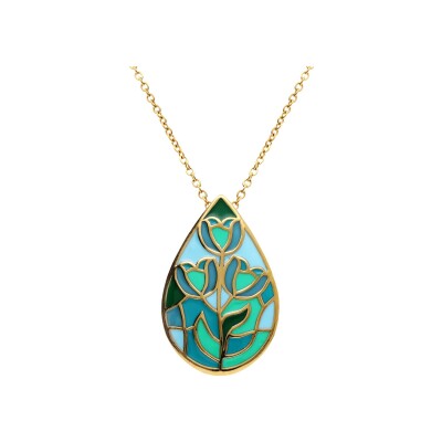 Collier acier doré jaune stella mia forme goutte résine bleu vert 45+10cm