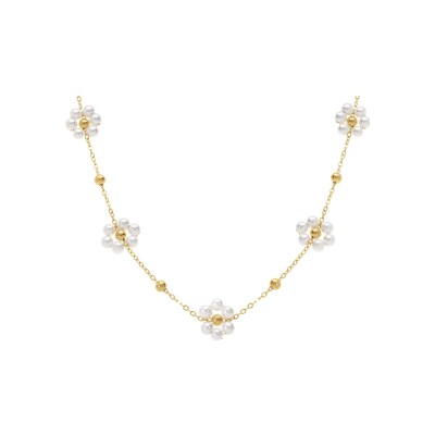 Collier acier doré jaune avec fleur perles blanches imitation 40+5cm
