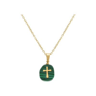 Collier acier doré pendentif malachite véritable avec croix 40+6cm