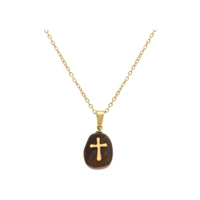 Collier acier doré pendentif oeil de tigre marron véritable avec croix 40+6cm