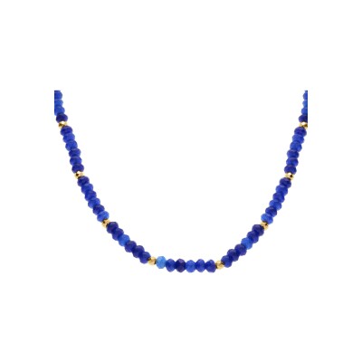 Collier agate bleue véritable et boules facetés acier doré 38+5cm