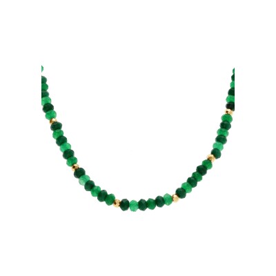 Collier jade et agate verte véritable et boules acier doré 38+5cm