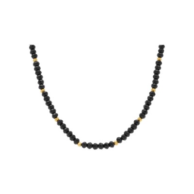 Collier agate noire véritable et boules acier doré 38+5cm