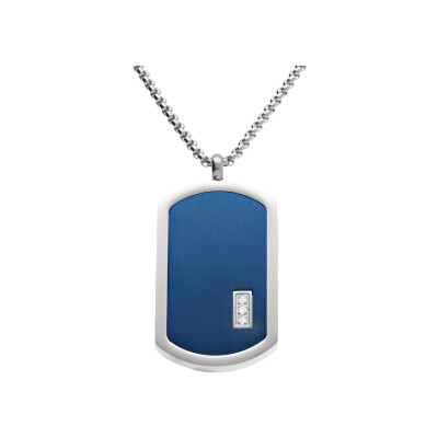 Collier acier pendentif rectangulaire pvd bleu 30 x 17mm pans arrondi avec 3 oxydes blancs 50+5cm