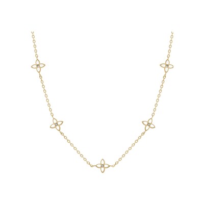 Collier acier doré fleurs résine blanche 40+5cm