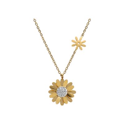 Collier acier doré fleur avec strass blancs 42+5cm (moins 1 petale , je t'aime)