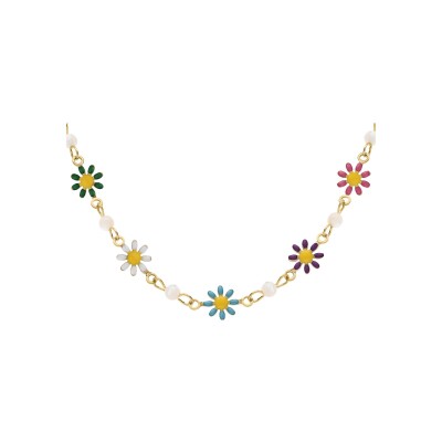 Collier acier doré fleurs résine multi couleurs avec boules nacre blanche véritable 35+5cm
