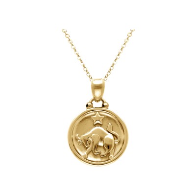 Collier acier doré médaille 15mm zodiaque taureau recto verso constellation 40+10cm