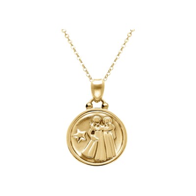 Collier acier doré médaille 15mm zodiaque gémeaux recto verso constellation 40+10cm