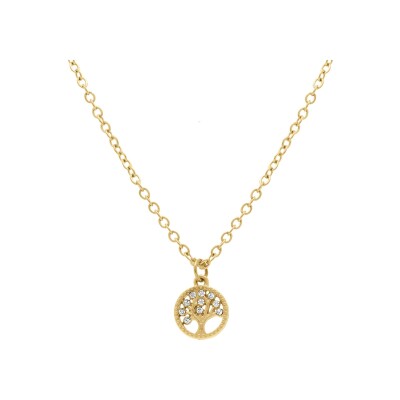 Collier acier doré pendentif rond arbre de vie contour oxydes blancs sertis 38+5cm