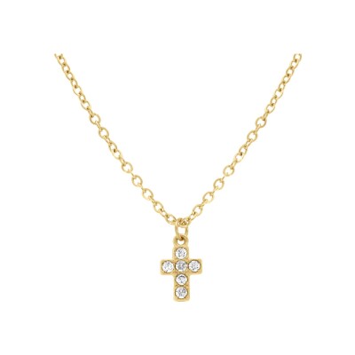 Collier acier doré pendentif croix 0.8 x 0.5mmoxydes blancs sertis 38+5cm