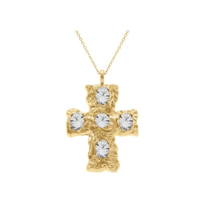 Collier acier doré chaîne forçat pendentif croix 33mm oxydes blancs 40+10cm