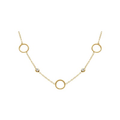 Collier acier doré cercles evidés et oxydes blancs sertis clos 39+5cm