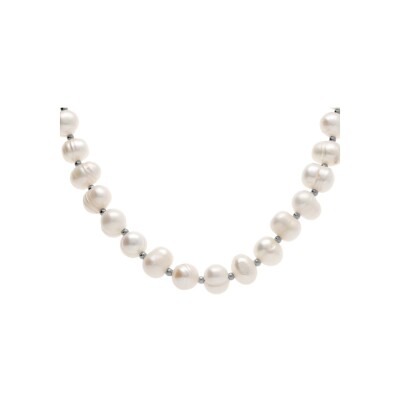 Collier acier perle blanche de culture d'eau douce 6-7mm irréguliere 40+10cm