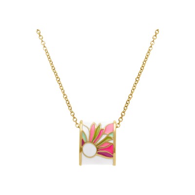 Collier acier doré jaune stella mia pendentif rectangulaire fond résine blanche fleur rose et violet 42+10cm