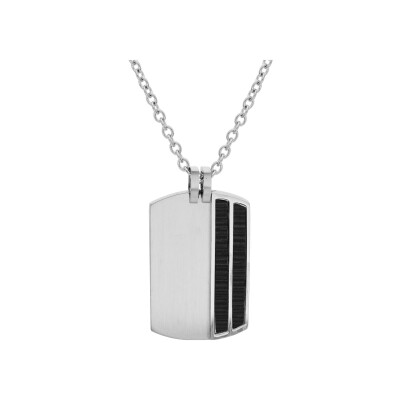 Collier acier pendentif rectangulaire 2 bandes aspect carbone noir 50+5cm