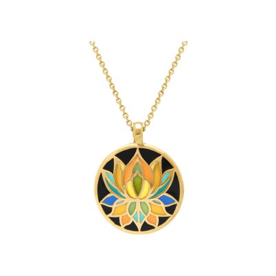 Collier acier doré stella mia pendentif 16mm fleur de lotus résine fond noir 45+10cm