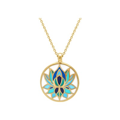 Collier acier doré stella mia pendentif 16mm fleur de lotus résine bleu fond blanc 45+10cm