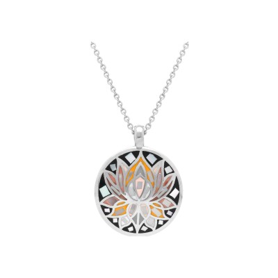 Collier acier stella mia rond 16mm fleur de lotus résine et nacre 45+10cm