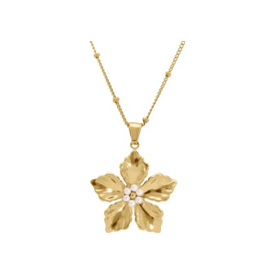 Collier acier pendentif fleur diam 33 perles blanches imitation 43+5cm