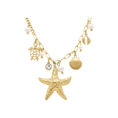 Collier acier pampilles theme mer et perles blanches imitation 43+5cm