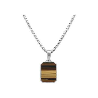Collier acier pendentif oeil de tigre imitation 22mmx15mm 59cm réglable 54