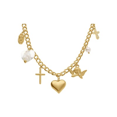 Collier acier doré maille gourmette pampilles 41+5cm