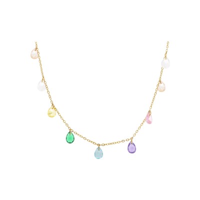 Collier acier doré pampilles goutte oxyde multi couleurs 41+5cm