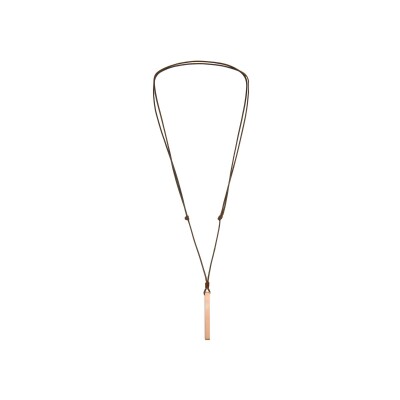 Collier acier satiné et pvd rose tube rectangulaire 4mm avec cordon marron réglable