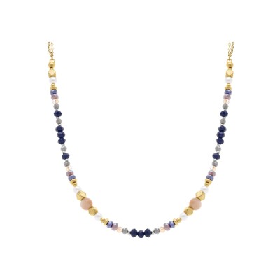 Collier acier doré boules verre 4mm faceté perles imitation et pierre de lune 40+10cm