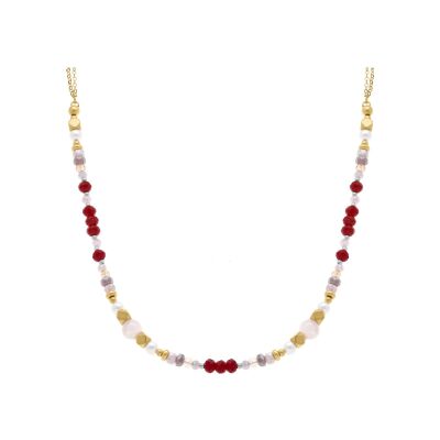 Collier acier doré boules verre 4mm faceté perle imitation et quartz 6mm véritable 40+10cm