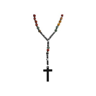 Collier acier chapelet boules diam 6 et 8 multi et croix 35mm x 20mm pvd noir sans fermoir 70cm