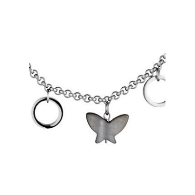 Collier acier maille jaseron motifs cercles + papillons nacre réglable 45cm