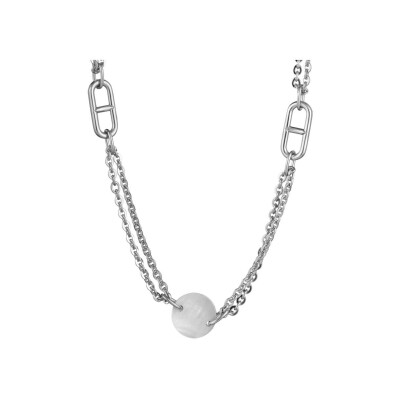 Collier acier double chaîne motif + pastille nacre blanche sans fermoir 75cm