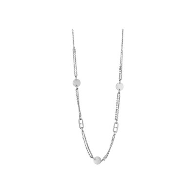 Collier acier double chaîne motif + pastille nacre blanche sans fermoir 75cm