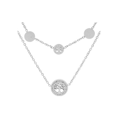 Collier acier 2 rangs pastilles avec arbre de vie 40+5cm