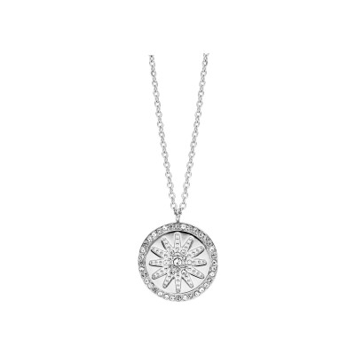 Collier acier pendentif rond motif soleil contour oxydes blancs sertis 45+5cm