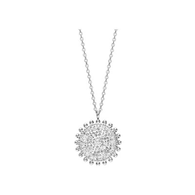 Collier acier pendentif rond pierres blanches synthétique et résine blanche 45+5cm