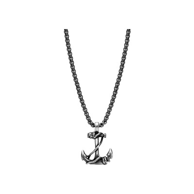 Collier acier chaîne jaseron patinée pendentif ancre marine 55cm