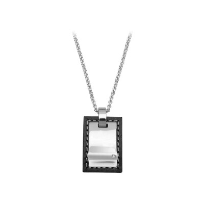 Collier acier chaîne avec pendentif rectangulaire petite pierre et cuir noir bovin 50+5cm