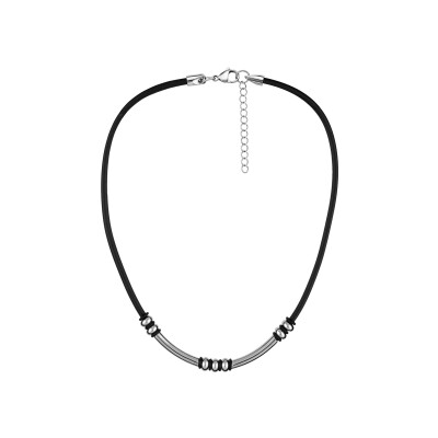 Collier acier et caoutchouc noir motif 45cm+5cm