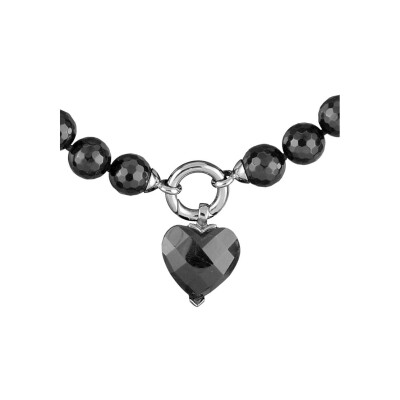 Collier boules facetes noires synthétique pendentif coeur noir synthétique 42cm fermoir acier