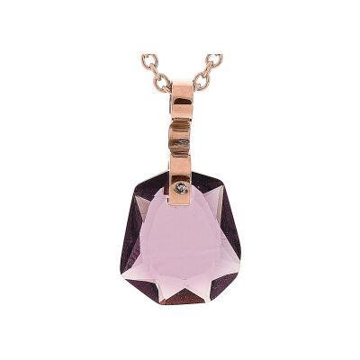 Collier acier et pvd rose pendentif verre teinté violet 40+5cm