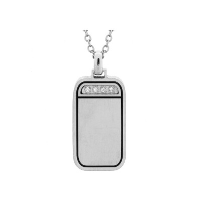 Collier acier pendentif rectangulaire contour résine noire avec oxydes blancs sertis 50cm réglable 45